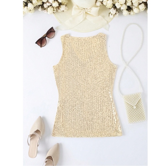 All Over Sequin Champagne Gold V-Neck Cami Top - Picture 2 of 9